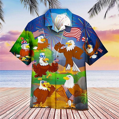 

Hombre Camisa camisa hawaiana Estampados Águila Bandera Collar Cubano Azul Piscina Casual Festivos Manga Corta Abotonar Estampado Ropa Tropical Moda Ropa de calle Hawaiano