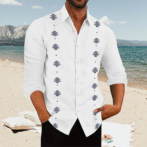 

Per uomo camicia di lino Camicia estiva Camicia da spiaggia Bianco Blu Cachi Manica lunga Stampe astratte Collo ripiegabile Primavera estate Informale Giornaliero Abbigliamento Stampa