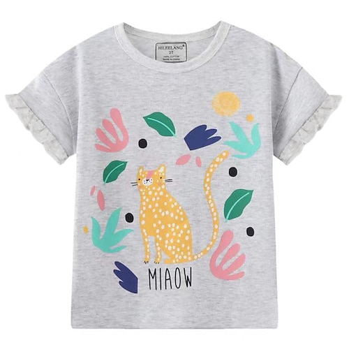 

Børn Pige T-shirt Tegneserie udendørs Kortærmet Crewneck Yndig 3-7 år Forår Grå