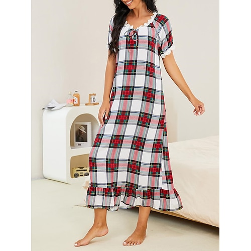 

Dame Pyjamas Nattkjole Kjoler Gitter / Teppe Enkel Fritid Myk Hjem Daglig Seng Polyester Pustende V-splitt Kortermet Kjoler Vår Sommer Hvit