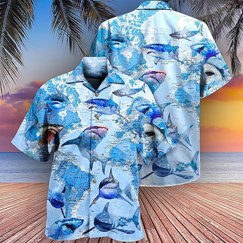 

Herren Hemd Hawaiihemd Sommerhemd Hai Grafik-Drucke Umlegekragen Blau Casual Festtage Kurzarm Button-Down Bedruckt Bekleidung Tropisch Modisch Strassenmode Hawaiianisch