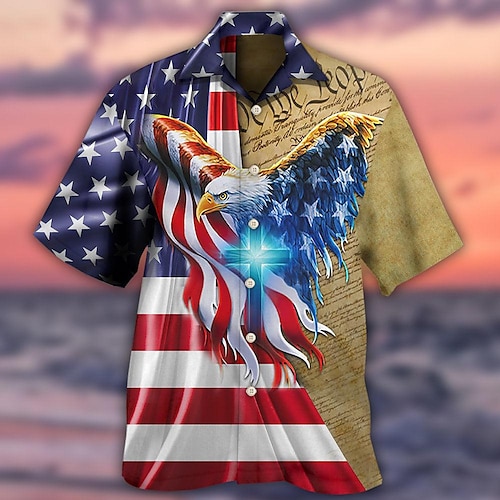 

Homme Chemise Chemise hawaïenne Imprimés Photos Aigle Drapeau américain Collier cubain Bleu Casual Vacances Manche Courte Bouton bas Imprimer Vêtement Tenue Tropique Mode Vêtement de rue Hawaïen