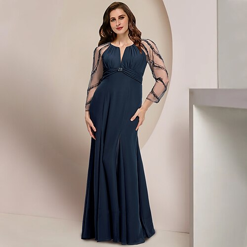

Curva taglie forti Abito da cerimonia per signora Invitati del matrimonio Vintage Elegante A V Lungo Chiffon Manica lunga con A pieghe Lustrini 2023