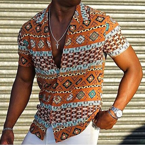 

Herren Hemd Hawaiihemd Sommerhemd Grafik-Drucke Geometrie Kubanisches Halsband Orange Casual Festtage Kurzarm Button-Down Bedruckt Bekleidung Tropisch Modisch Strassenmode Hawaiianisch