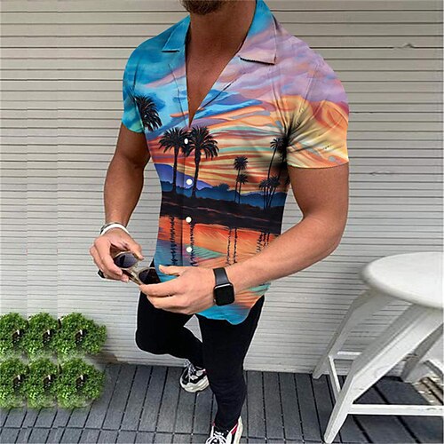 

Hombre Camisa camisa hawaiana Estampados Ocaso Hojas Cuello Vuelto Blanco Azul Piscina Casual Festivos Manga Corta Abotonar Estampado Ropa Tropical Moda Ropa de calle Hawaiano