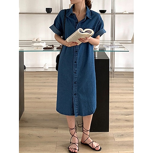 

Dame Skift Kjole Denim skjortekjole Midikjole Denimstof Mode Afslappet udendørs Daglig Ferierejse Krave Knap Lomme Kortærmet Sommer Forår Efterår 2023 Løstsiddende Blå Vanlig S M L XL