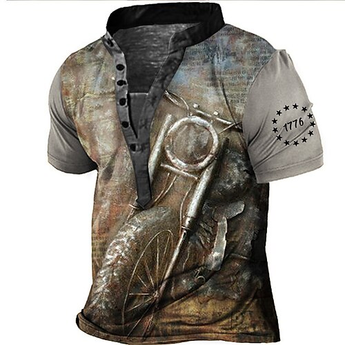 

Herre Henley-skjorte T-Shirts Grafisk Motorcykel Høj krave Tøj 3D-udskrivning udendørs Afslappet Kortærmet Knap Trykt mønster Basale Mode Designer