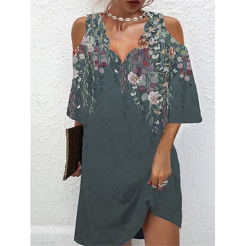 

kvinners fritidsgenser kjole shift genser kjole print genser kjole floral cut out print v-hals mini genser kjole aktiv mote utendørs daglig halv erme normal passform blå grønn kaki vår sommer