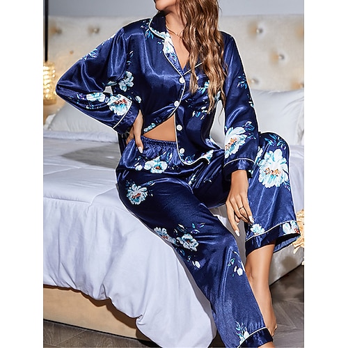 

Dame Pyjamas Pyjamas topp og bukse Sett Blomsternål i krystall Mote Fritid Myk Hjem Daglig Seng Sateng Pustende Knaphul Langermet Skjorte Bukse Knapp Vår Sommer Navyblå