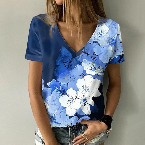 

T shirt Tee Femme Rose Claire Bleu Violet Floral Imprimer Manche Courte Vacances Fin de semaine basique Col V Normal Standard Fleur Peinture S