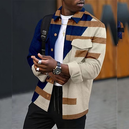 

Homens Camisa Social Bloco de cor Estampas Abstratas Geometria Aberto para a Lateral Azul Ao ar livre Rua Manga Longa Imprimir Roupa Moda Roupa de rua Designer Respirável