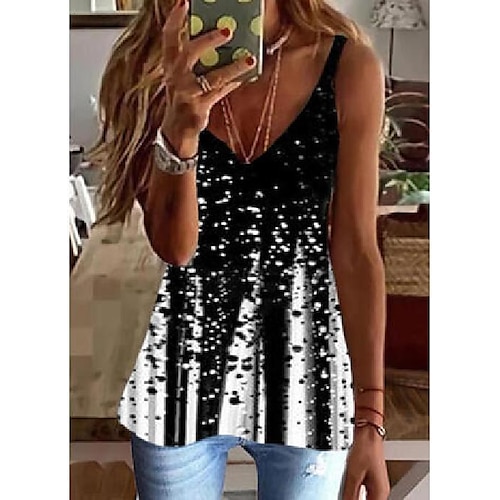 

Damen Tank Top Weiß Blau Graphic Bedruckt Ärmellos Täglich Wochenende Basic V Ausschnitt Standard S