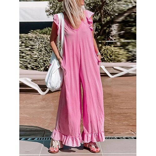 

Women's Jumpsuit Ruffle Pocket Solid Color V Neck Casual Daily Vacation Regular Fit Short Sleeve Pink Green Khaki S M L Spring