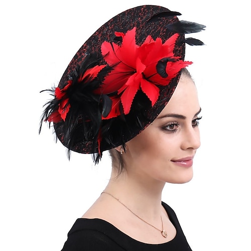 

fascinators polyester Te Fest Kentucky Derby Hesteløp Damenes dag Årgang Elegant Retro Rød Med Fjær Blomster Hodeplagg Hodeplagg