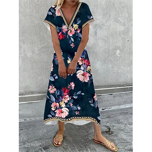 

Dame Lang kjole Maxikjole Uformell kjole Skiftkjole Print kjole Blomsternål i krystall Mote Gatemote Daglig Stevnemøte Feriereise Trykt mønster Kortermet V-hals Kjole Normal Blå Vår Sommer S M L XL