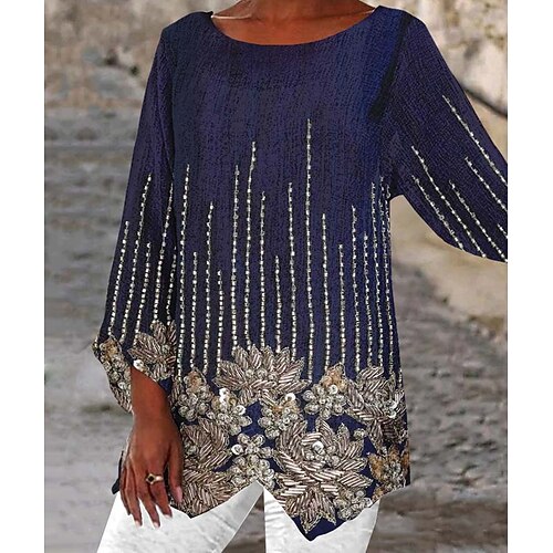 

Per donna Camicia Blusa Blu Floreale Asimmetrico Stampa Manica lunga Informale Per eventi Essenziale Rotonda Lungo Floreale S