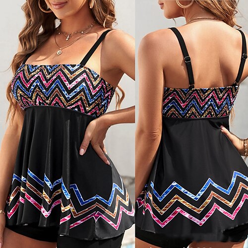 

Damen Badeanzug Tankini 2 Stück Normal Bademode 2 Teile Print Linien / Wellen Schwarz Tank Top Badeanzüge Sport Sommer