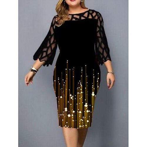 

Damen-Kleid in Übergröße, geschwungenes Arbeitskleid, Etuikleid, formelles Kleid, Farbverlauf-Midikleid, 3/4-Ärmel, Netzstoff, Rundhalsausschnitt, modisch, Outdoor, goldfarben, Frühling, Sommer, L,