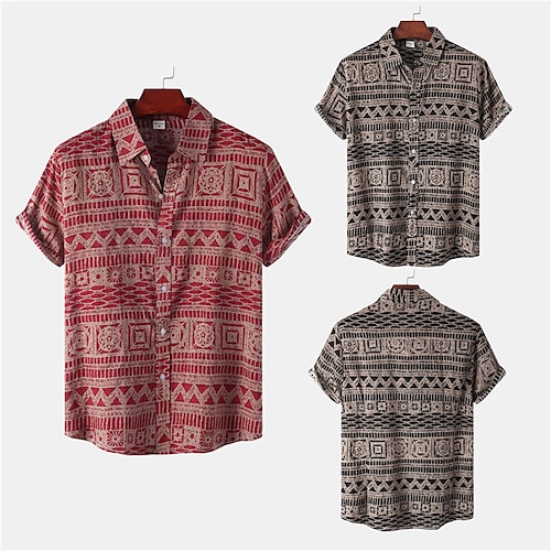 

Herren Hemd Hawaiihemd Sommerhemd Stammes Grafik-Drucke Vintage Geometrie Umlegekragen Rote Khaki Strasse Casual Kurze Ärmel Button-Down Bedruckt Bekleidung Tropisch Sport Strassenmode Designer