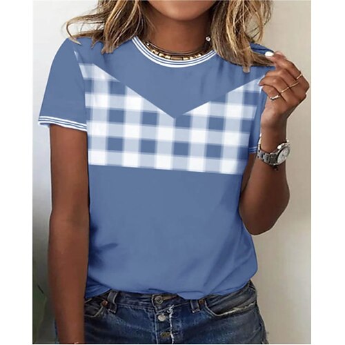 

Damen T Shirt Gelb Blau Orange Plaid Patchwork Bedruckt Kurzarm Casual Täglich Basic Rundhalsausschnitt Standard S