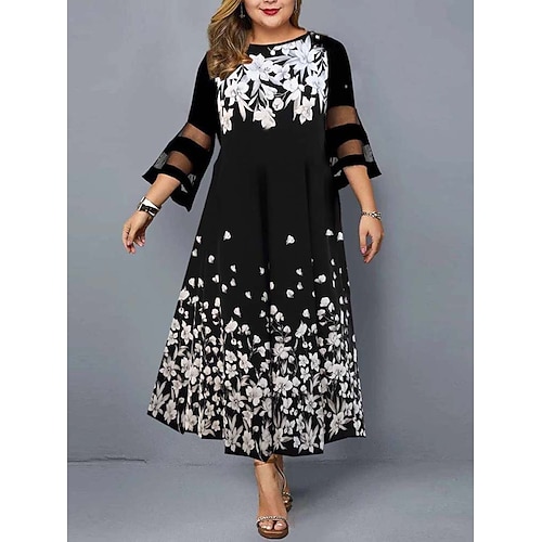 

kvinders plus size blomstret mesh rund hals afslappet kjole a line kjole lang kjole maxikjole 3/4 lange ærmer elegant daglig sort forårs outfit