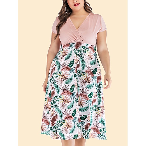 

Dame Store størrelser Uformell kjole Solkjole Kjole med A-linje Blad Fargeblokk Midikjole Kortermet Lapper Trykt mønster V-hals Mote Daglig Rosa Blå Vår Sommer XL XXL 3XL 4XL 5XL