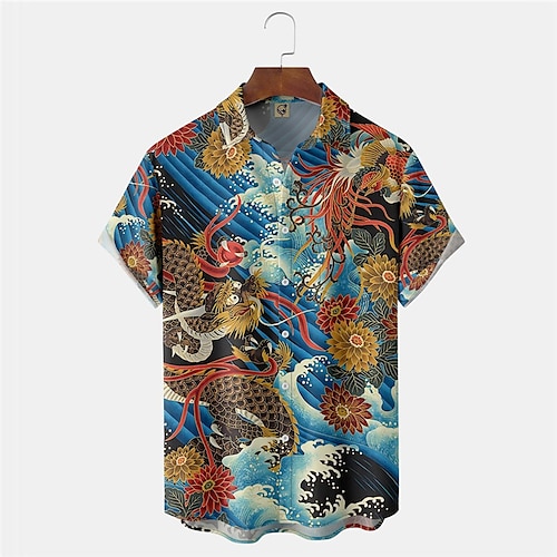 

Herren Hemd Hawaiihemd Sommerhemd Drache Grafik-Drucke Wellen Umlegekragen Blau Outdoor Strasse Kurze Ärmel Button-Down Bedruckt Bekleidung Tropisch Modisch Hawaiianisch Designer