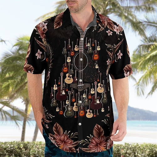 

Homme Chemise Chemise hawaïenne Imprimés Photos Musique Guitare Col rabattu Noir / Rouge Noir Bleu Arc-en-ciel Noir / Rose Plein Air Casual Manches courtes Bouton bas Imprimer Vêtement Tenue Tropique