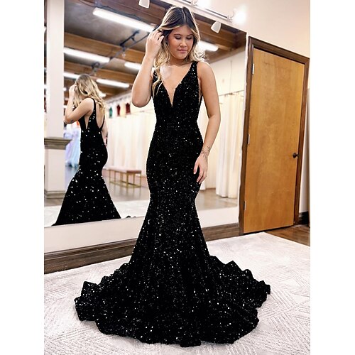 

A sirena Abiti da ballo Brillante e glitterato Vestito Formale Strascico di corte Senza maniche A V Con strass Scollato sul retro con Lustrini 2023