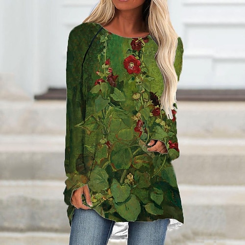 

Dame T skjortekjole Skiftkjole Mini kjole Blå Grønn Langermet Blomstret Trykt mønster Vår Høst Vinter Crew-hals Fritid Vinter kjole Høst kjole Normal 2023 S M L XL XXL 3XL