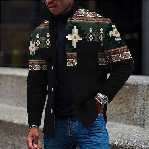 

Homens Camisa Social Tribal Estampas Abstratas Geometria Aberto para a Lateral Preto Ao ar livre Rua Manga Longa Imprimir Roupa Moda Roupa de rua Designer Respirável