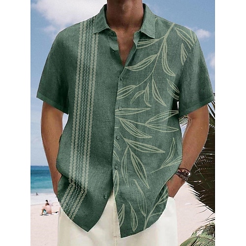 

Herren Hemd Hawaiihemd Sommerhemd Gestreift Grafik-Drucke Blätter Umlegekragen Grün Outdoor Strasse Kurze Ärmel Button-Down Bedruckt Bekleidung Sport Modisch Strassenmode Designer