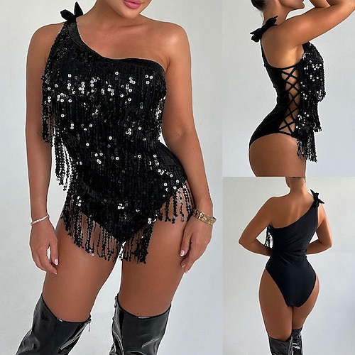 

Women's Swimwear One Piece Normal Swimsuit Tassel Glitter Solid Color Black Bodysuit Bathing Suits Sports Summer
