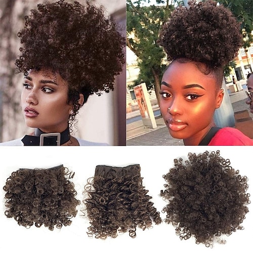 

Extensiones de cola de caballo con cordón afro puff con 2 flequillos Pelo de piña para mujeres negras Bollo de cola de caballo rizado rizado corto sintético con cola de caballo con flequillo grande