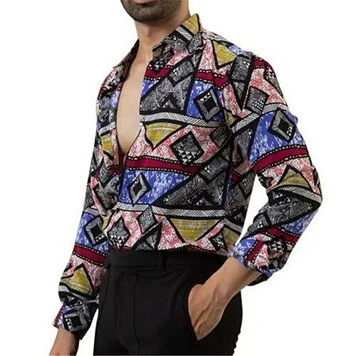 

Hombre Camisa camisa hawaiana Estampados Cosecha Geometría Cuello Vuelto Amarillo Exterior Calle Manga Larga Abotonar Estampado Ropa Tropical Moda Ropa de calle Hawaiano