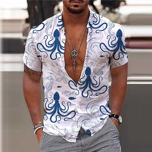 

Hombre Camisa camisa hawaiana Estampados Pulpo Cuello Vuelto Azul Piscina Calle Casual Mangas cortas Abotonar Estampado Ropa Tropical Deportes Ropa de calle Design