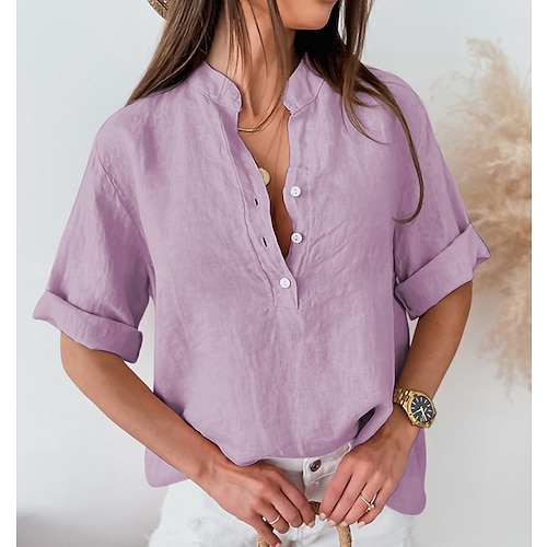 

Women's Blouse Button Solid / Plain Color Basic V Neck Summer Black Pink Royal Blue Dark Green Light Purple