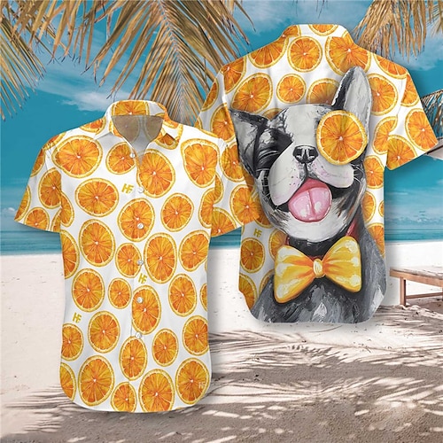 

Homens Camisa Social Camisa havaiana Cachorro Laranja Estampas Abstratas Aberto para a Lateral Laranja Ao ar livre Rua Manga Curta Botão para baixo Imprimir Roupa Esportes Moda Roupa de rua Designer