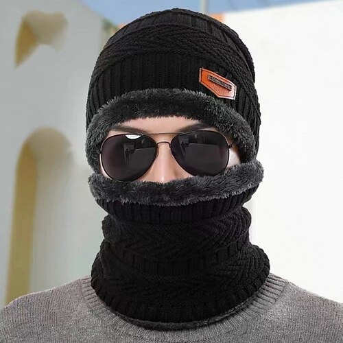 

Herre Hue- og tørklædesæt Flåde Sort Strikket Fleece Klassisk & Tidløs udendørs Hverdag Ren farve Varm
