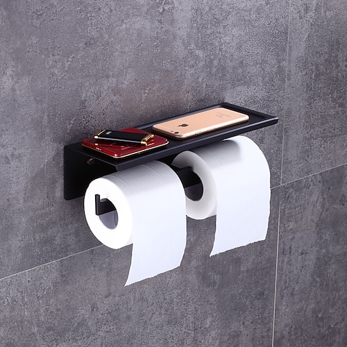 

Porte-papier toilette avec étagère pour téléphone Porte-rouleau de papier toilette mural en aluminium noir mat - Porte-rouleau de papier toilette antirouille et salle de bain avec étagère