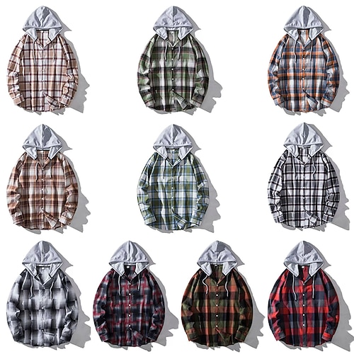 

Herre Skjorte Button Up skjorte Casual skjorte Hætteskjorte Sort Lysebrun Blå Mørkegrøn Rød Langærmet Plæd / Tern Hætte Gade Daglig Hætte Tøj Stilfuld Afslappet Klassisk