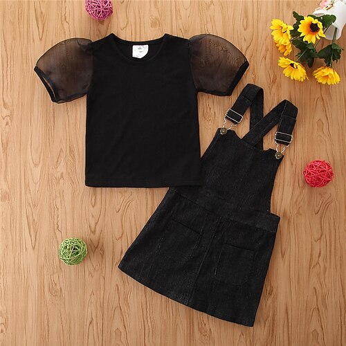 

2 pezzi Bambino (1-4 anni) Da ragazza Tinta unica Gonna e camicia Impostato Manica corta Essenziale Esterno 3-7 anni Primavera Nero