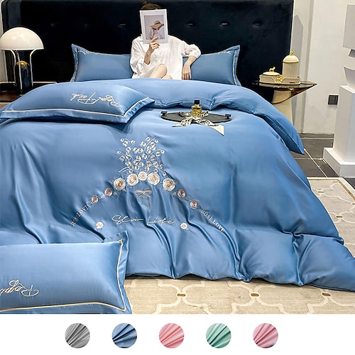 

Washed Silk Embroidery Duvet Cover Set Delicate Embroidery Bedding Duvet Covers Soft Washed Silk Duvet Cover Queen Size 4 Pieces Embroidery Superior Quality Duvet Cover with Zipper Closure