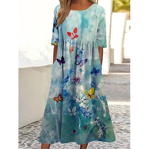 

Per donna Vestito casual Abito estivo Abito stampato Floreale Farfalla Increspato Stampa Girocollo Vestito longuette Di tendenza Moderno Esterno Giornaliero Manica corta Morbido Bianco Blu Verde