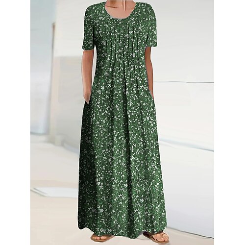 

Dame Lang kjole Maxikjole Hverdagskjole Print kjole Blomstret Mode Moderne Daglig Ferierejse Weekend Krøllede Folder Lomme Kortærmet Rund hals Kjole Regulær Grøn Forår Sommer S M L XL XXL