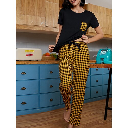 

Per donna loungewear Completi Griglia / Scacchi Informale Comoda Morbido Interni Strada Giornaliero Poliestere Traspirante Girocollo Manica corta Pantalone Vita elastica Primavera Estate Giallo Rosso