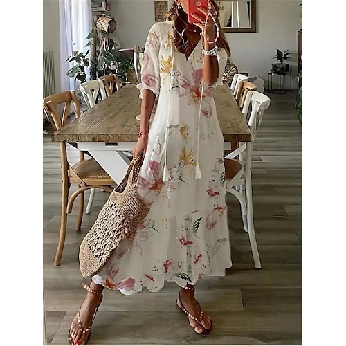 

Women's Long Dress Maxi Dress Casual Dress Shift Dress Print Dress Floral Fashion Streetwear Outdoor Daily Date Print Half Sleeve V Neck Dress Regular Fit Camel Pink Dark Gray Spring Summer S M L XL