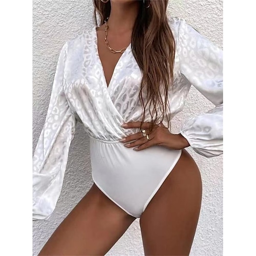 

Women's Bodysuit Print Print V Neck Streetwear Daily Vacation Loose Fit Long Sleeve White Pink Wine S M L Spring