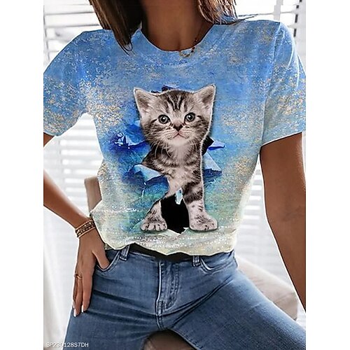 

Per donna maglietta Nero Blu Grigio Gatto 3D Stampa Manica corta Giornaliero Fine settimana Essenziale Rotonda Standard Gatto 3D Pittura S