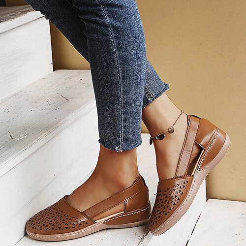 

Women's Sandals Slip-Ons Wedge Sandals Comfort Shoes Plus Size Outdoor Work Daily Summer Hollow Out Flat Heel Round Toe Classic Casual Minimalism Walking Shoes Faux Leather Loafer Solid Color Solid